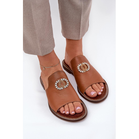 Elegantné Dámske Kožené Pantofle S Dekoráciou Zazoo 3008 Camel - Odtiene hnedej a béžovej