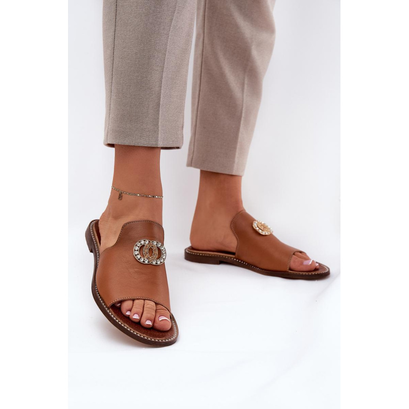 Elegantné Dámske Kožené Pantofle S Dekoráciou Zazoo 3008 Camel - Odtiene hnedej a béžovej