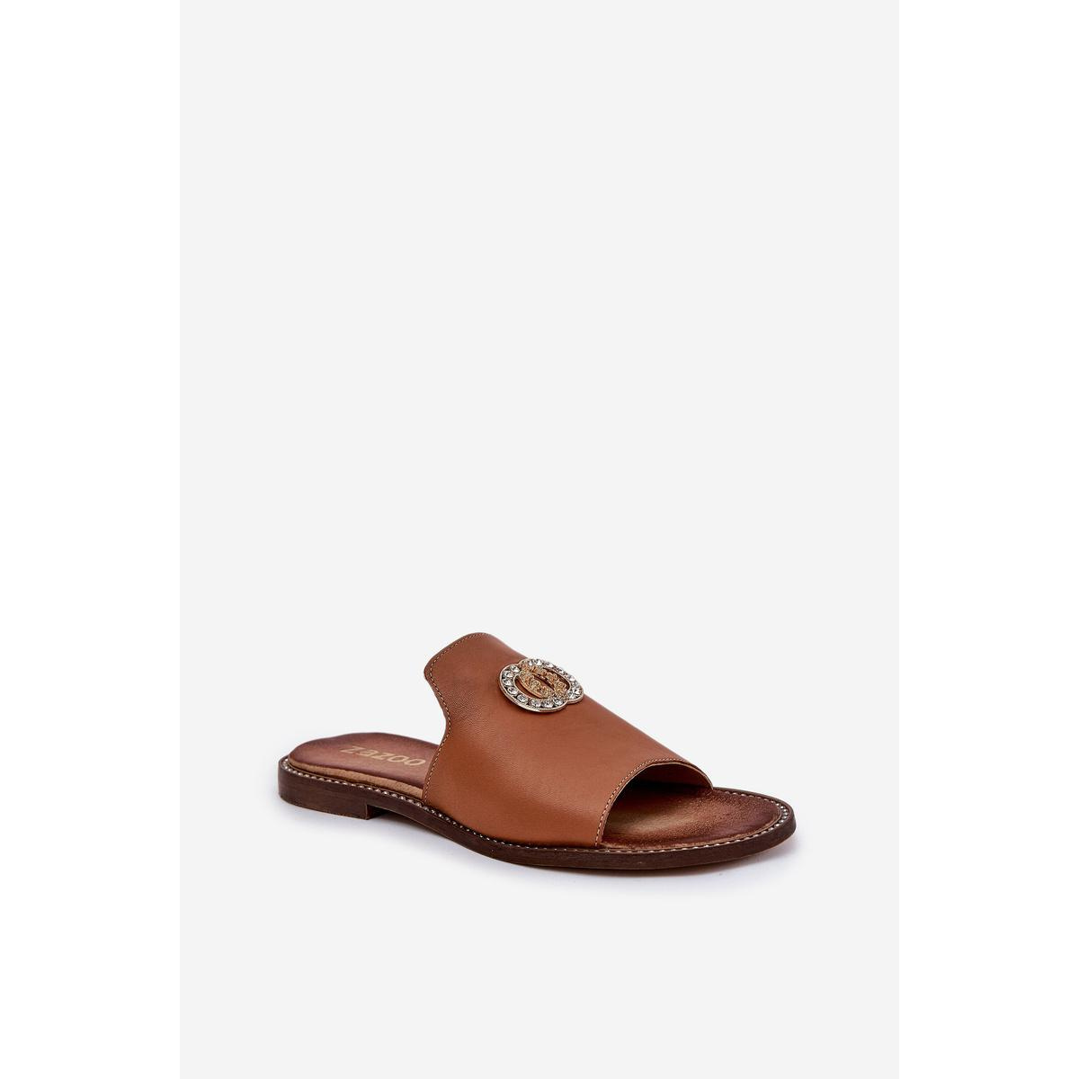 Elegantné Dámske Kožené Pantofle S Dekoráciou Zazoo 3008 Camel - Odtiene hnedej a béžovej