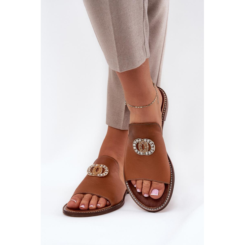 Elegantné Dámske Kožené Pantofle S Dekoráciou Zazoo 3008 Camel - Odtiene hnedej a béžovej