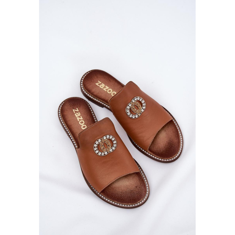 Elegantné Dámske Kožené Pantofle S Dekoráciou Zazoo 3008 Camel - Odtiene hnedej a béžovej