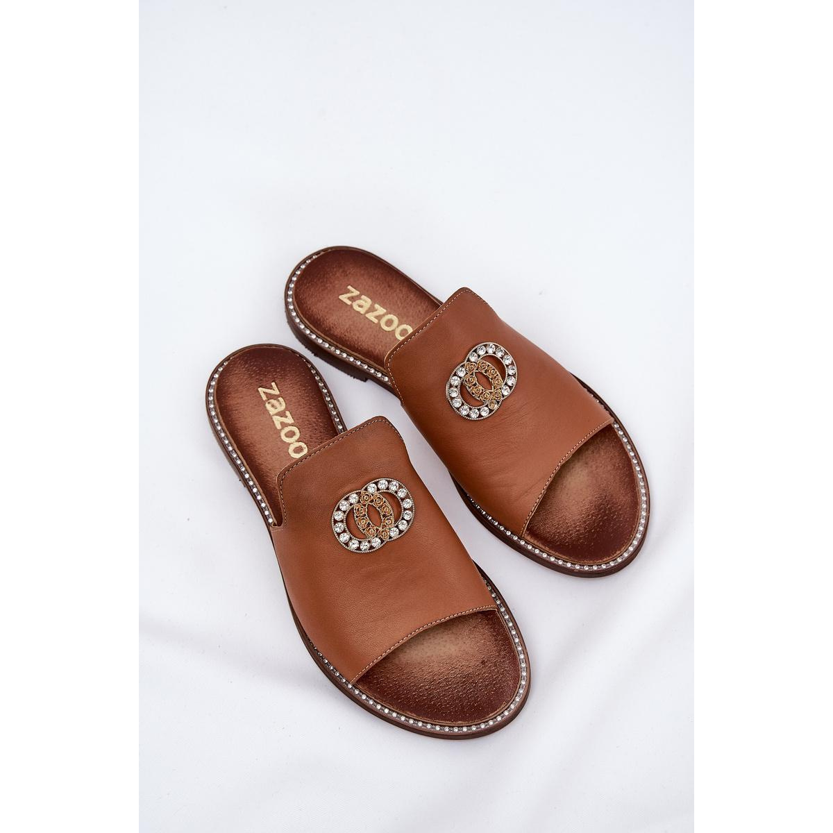 Elegantné Dámske Kožené Pantofle S Dekoráciou Zazoo 3008 Camel - Odtiene hnedej a béžovej