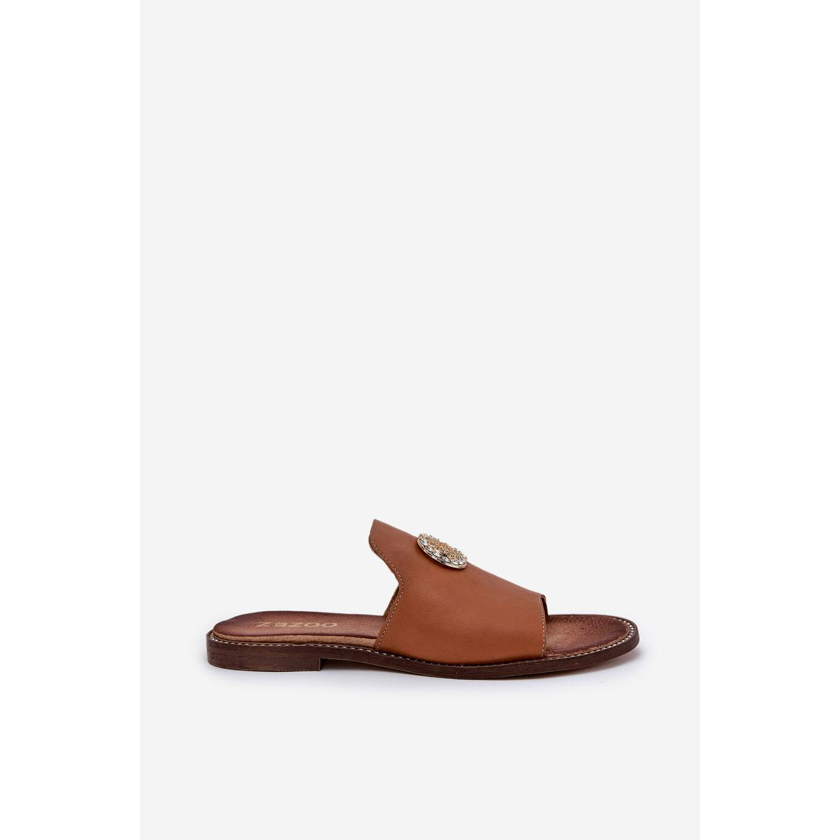 Elegantné Dámske Kožené Pantofle S Dekoráciou Zazoo 3008 Camel - Odtiene hnedej a béžovej