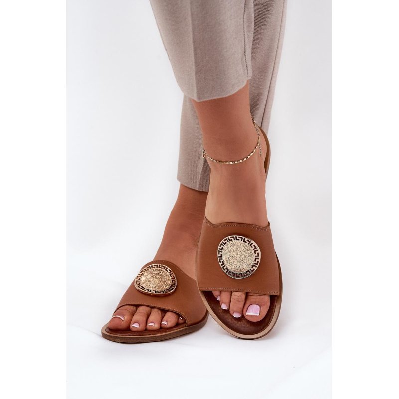Zazoo 2938 Kožené Sandále S Ploším Opätkom A Dekoráciou Camel - Odtiene hnedej a béžovej
