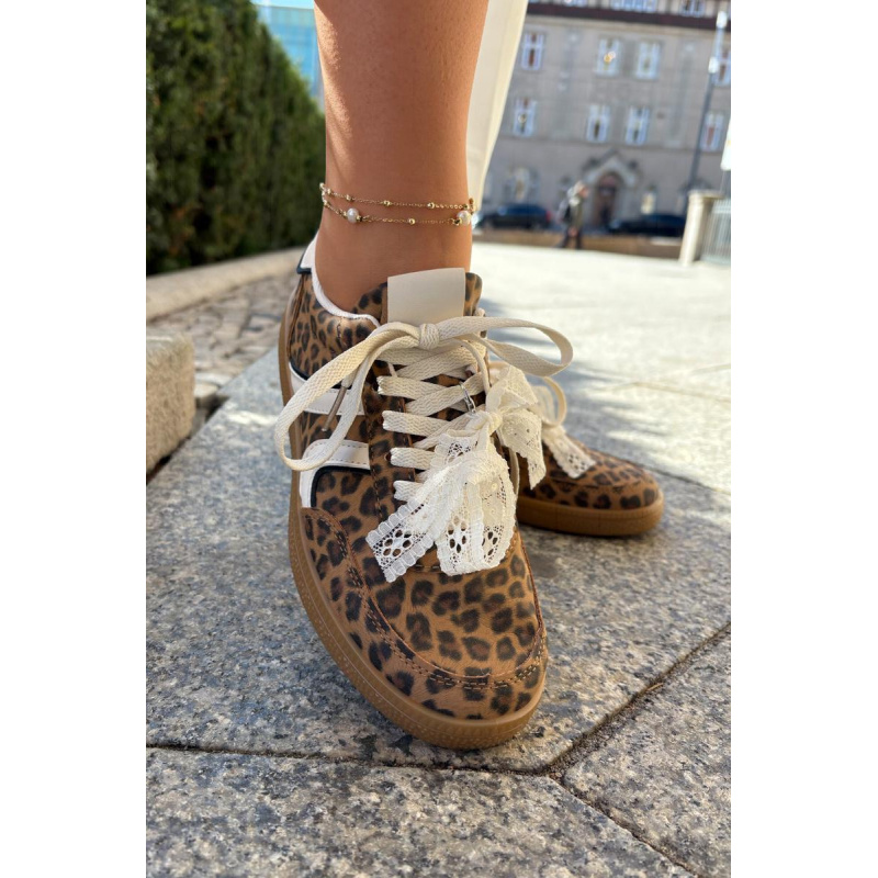 Nízké Dámske Tenisky S Čipkou Leopardie Hnedé Zielle - Odtiene hnedej a béžovej
