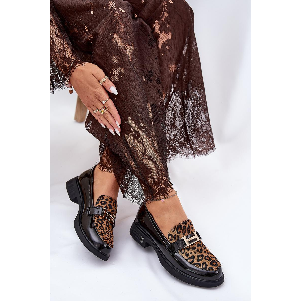 Kožené Lakované Mokasíny Leopard Vinceza 66790 Čierne