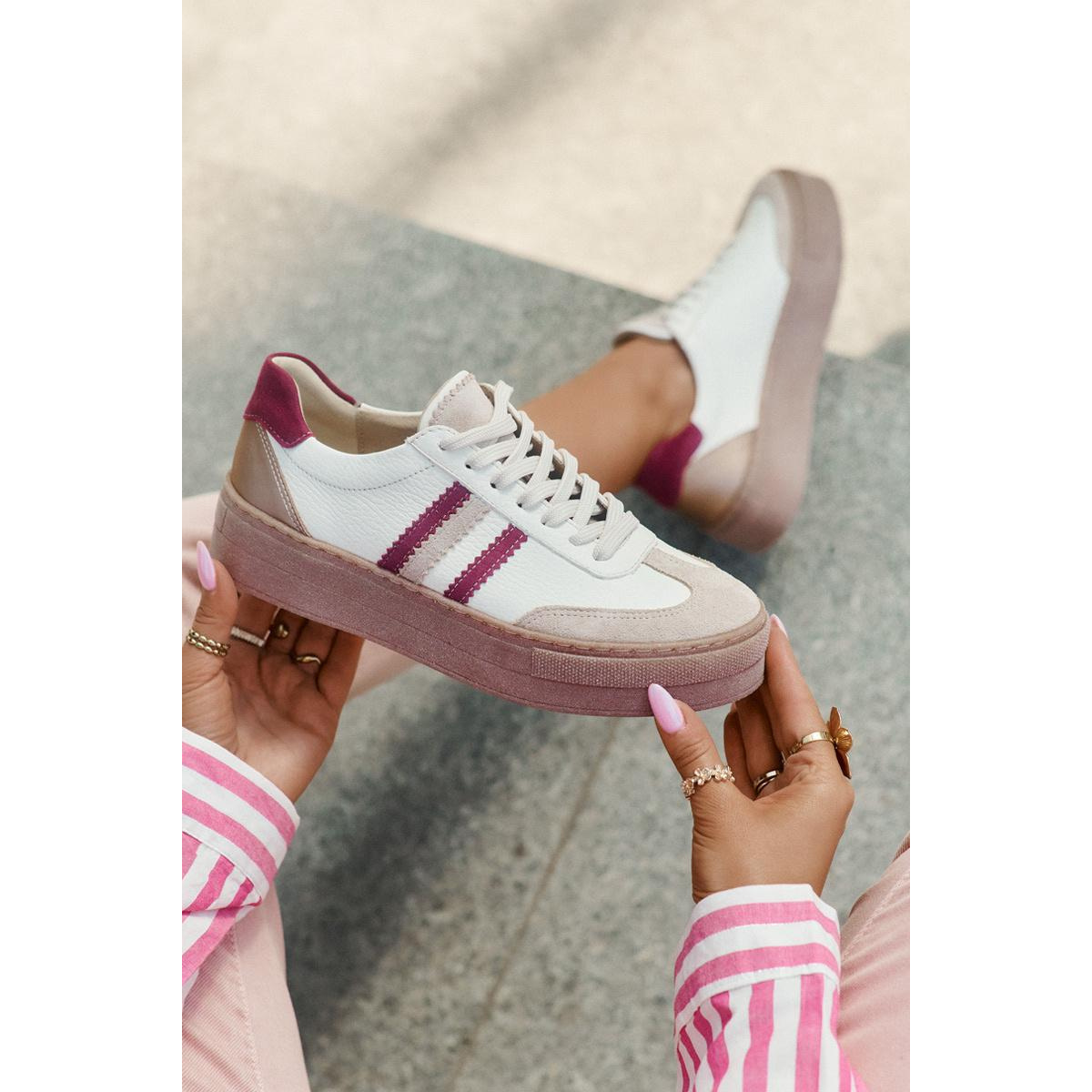Kožené Dámske Sneakers Na Platforme Zazoo N1234 Béžovo-Červené - Béžová