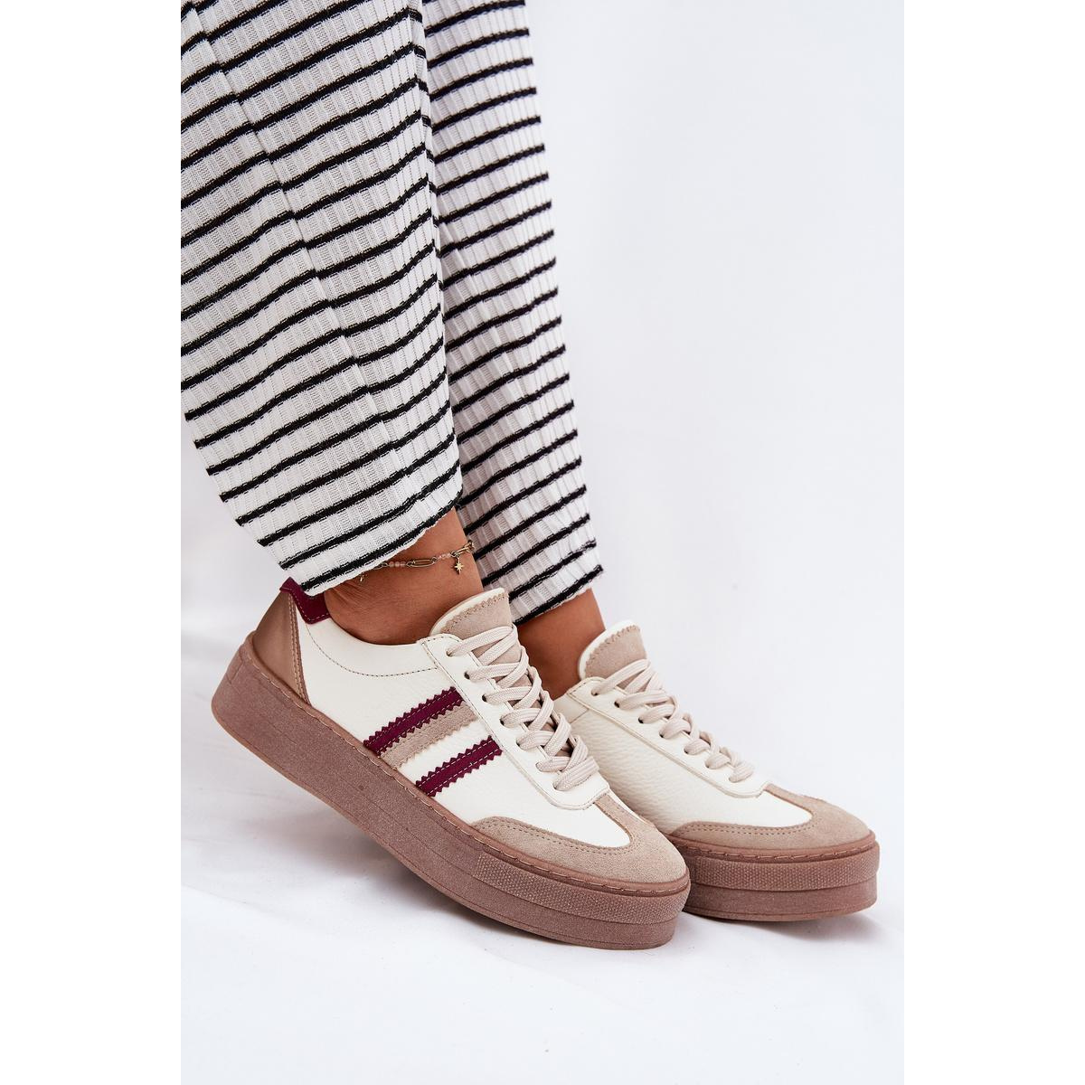 Kožené Dámske Sneakers Na Platforme Zazoo N1234 Béžovo-Červené - Béžová