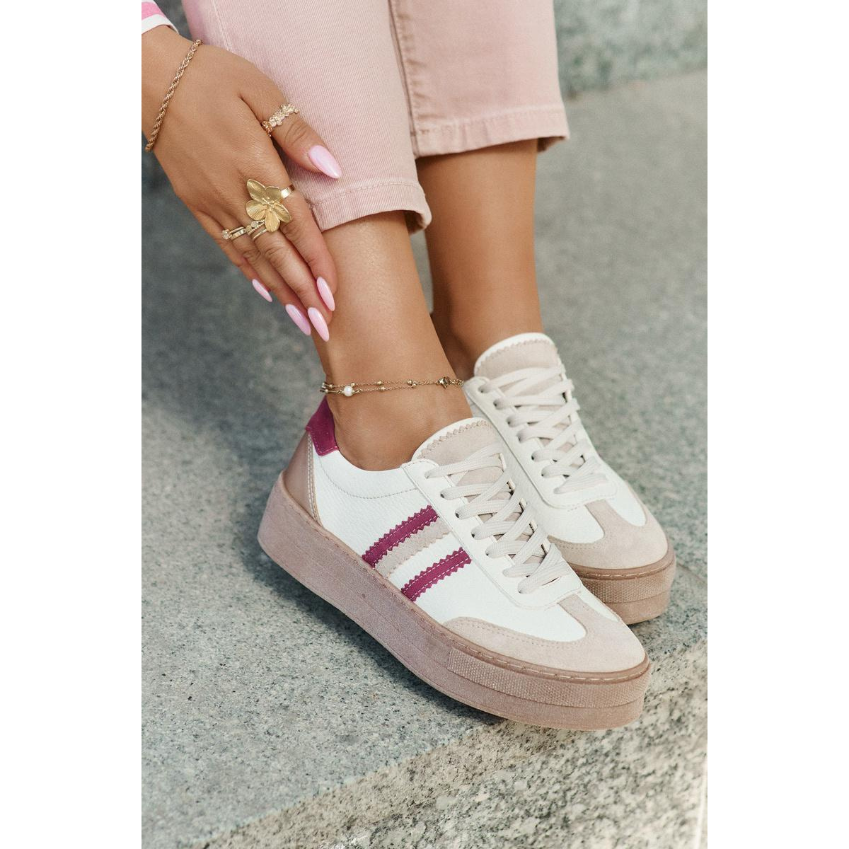 Kožené Dámske Sneakers Na Platforme Zazoo N1234 Béžovo-Červené - Béžová