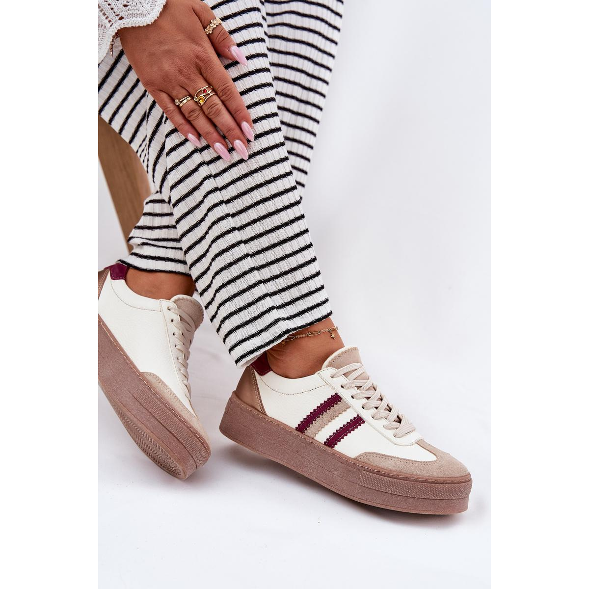 Kožené Dámske Sneakers Na Platforme Zazoo N1234 Béžovo-Červené - Béžová