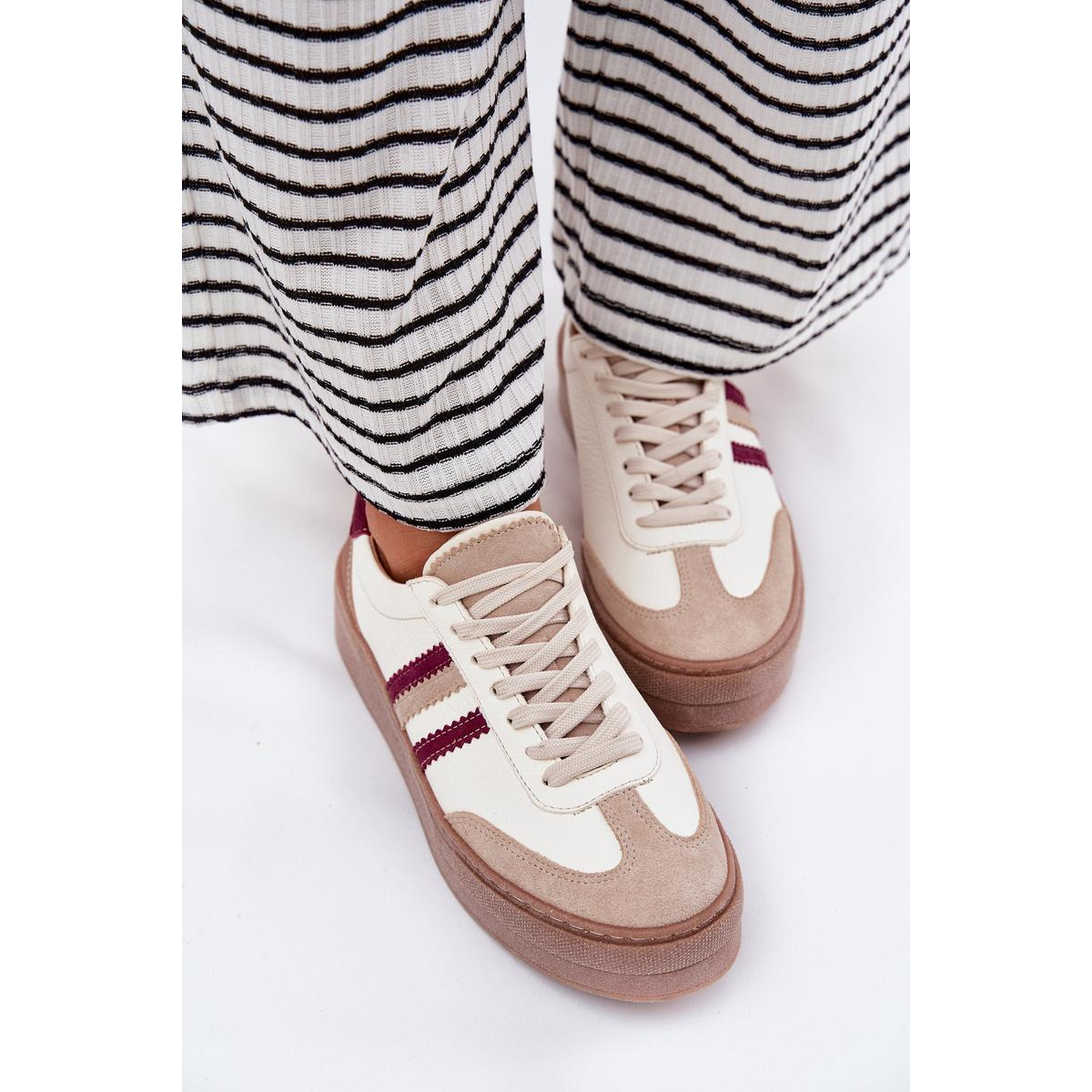 Kožené Dámske Sneakers Na Platforme Zazoo N1234 Béžovo-Červené - Béžová
