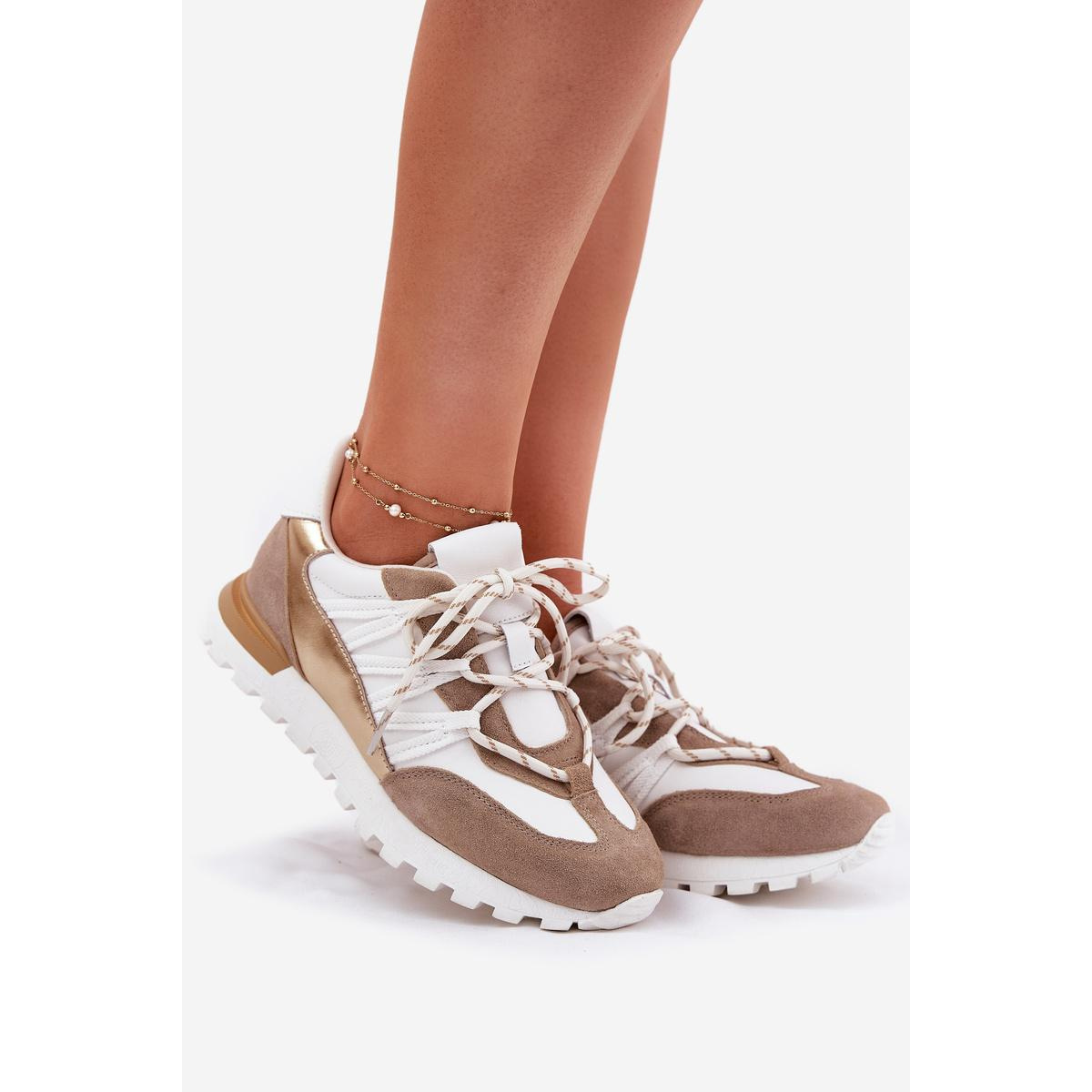 Kožené Polobotky Sneakers Dámske Artiker 56C1738 Béžovo-Zlaté - Zlatá || Béžová