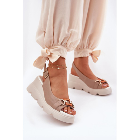 Kožené dámske sandále na klíne a platforme s ozdobou Artiker 56C2208 tmavobežové - Béžová