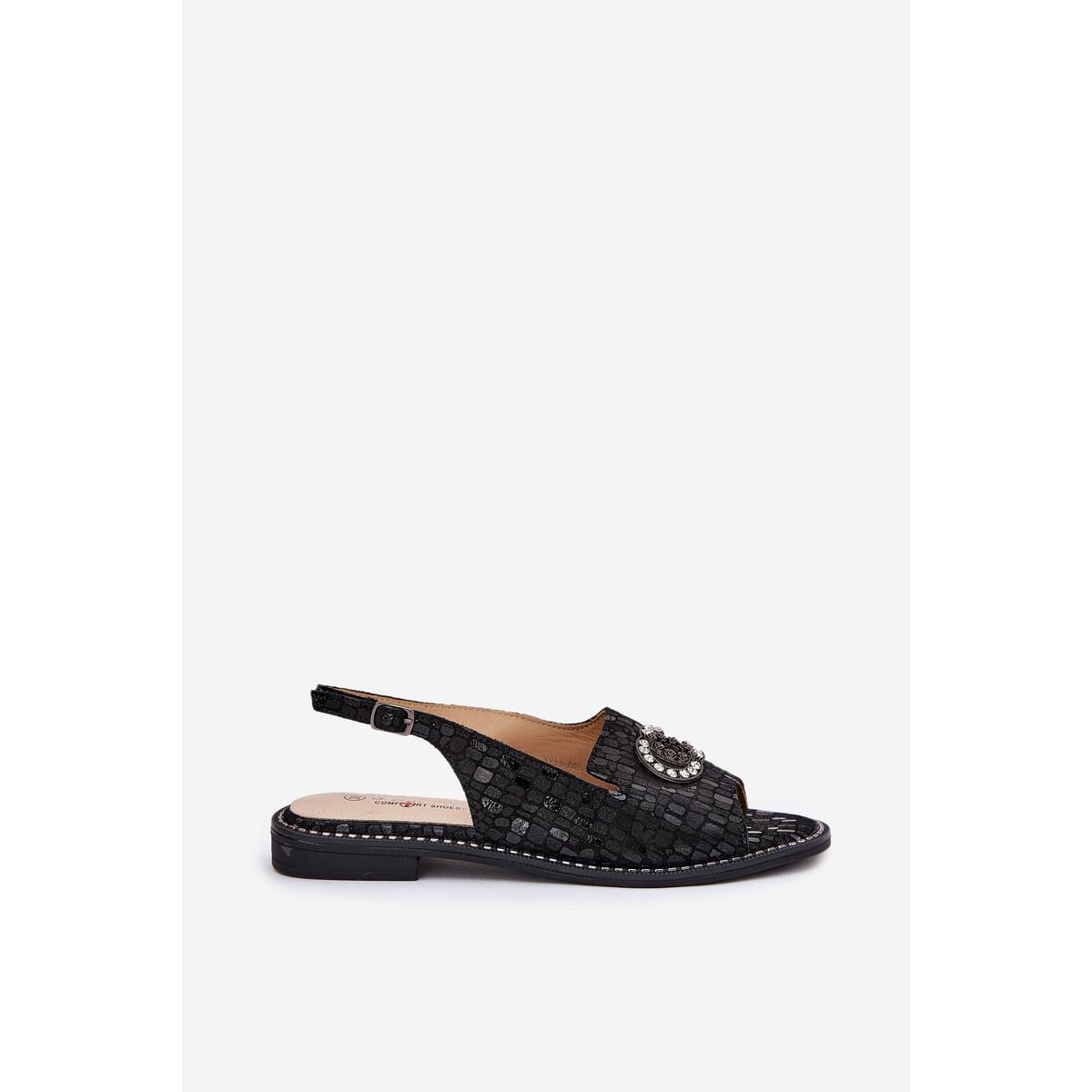 Kožené Sandále S Dekoráciou Na Plochom Opätku S.Barski KV51-096 Čierne - Čierna