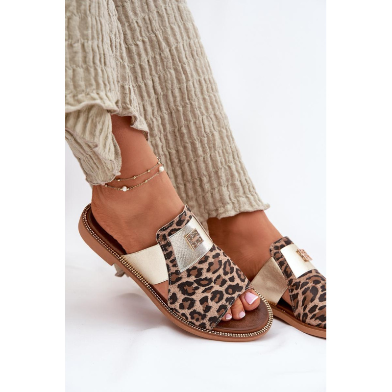 Elegantné Sandále Z Prírodnej Kože Na Plochéj Pätke Zazoo 40423 Leopard - Odtiene hnedej a béžovej
