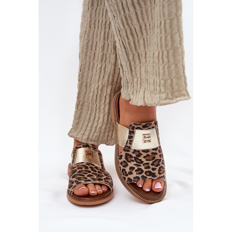 Elegantné Sandále Z Prírodnej Kože Na Plochéj Pätke Zazoo 40423 Leopard - Odtiene hnedej a béžovej