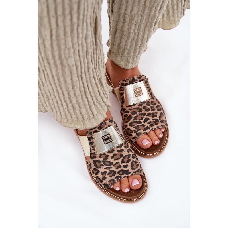 Elegantné Sandále Z Prírodnej Kože Na Plochéj Pätke Zazoo 40423 Leopard - Odtiene hnedej a béžovej