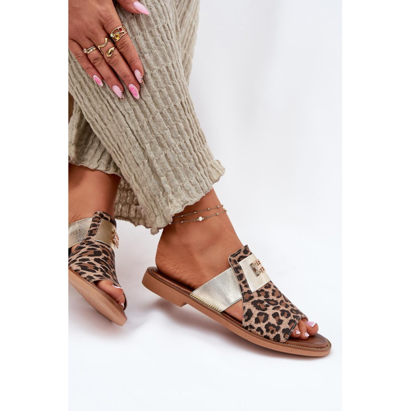 Elegantné Sandále Z Prírodnej Kože Na Plochéj Pätke Zazoo 40423 Leopard - Odtiene hnedej a béžovej