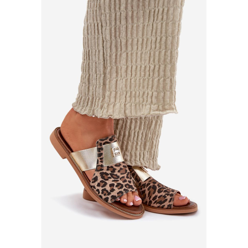 Elegantné Sandále Z Prírodnej Kože Na Plochéj Pätke Zazoo 40423 Leopard - Odtiene hnedej a béžovej