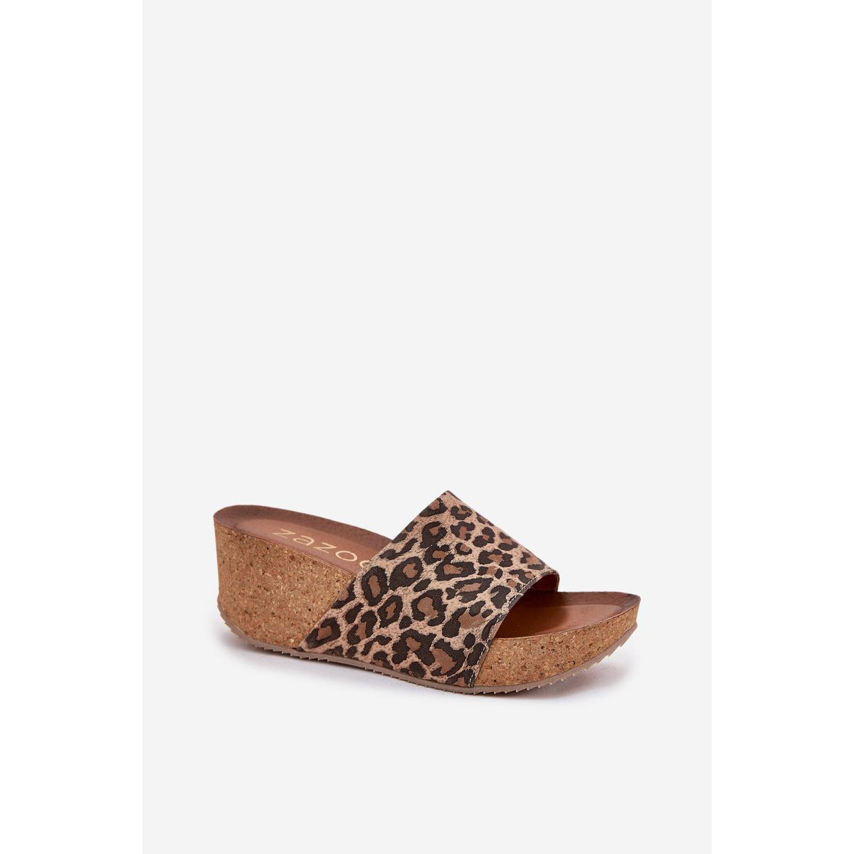 Zazoo 40289 Kožené Dámske Šľapky Na Korkovom Opätku Leopard - Odtiene hnedej a béžovej