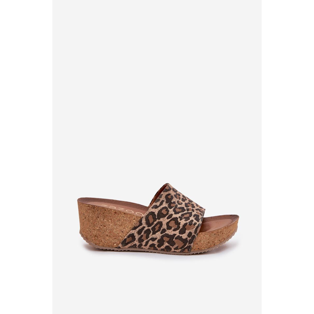 Zazoo 40289 Kožené Dámske Šľapky Na Korkovom Opätku Leopard - Odtiene hnedej a béžovej