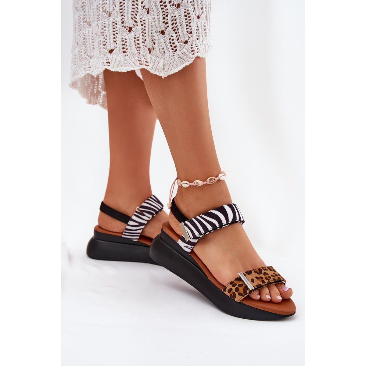 Dámske sandále na platforme leopard a zebra hnedé Monera - Odtiene hnedej a béžovej