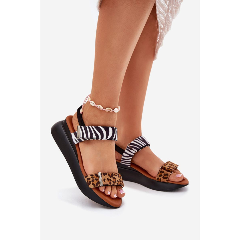 Dámske sandále na platforme leopard a zebra hnedé Monera - Odtiene hnedej a béžovej