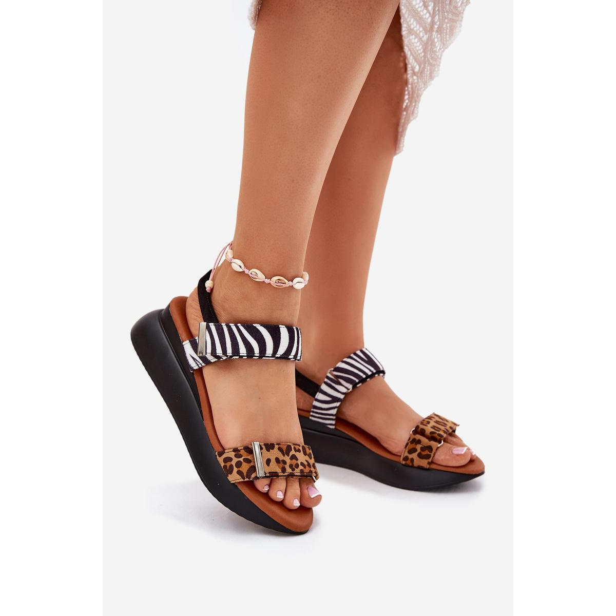 Dámske sandále na platforme leopard a zebra hnedé Monera - Odtiene hnedej a béžovej