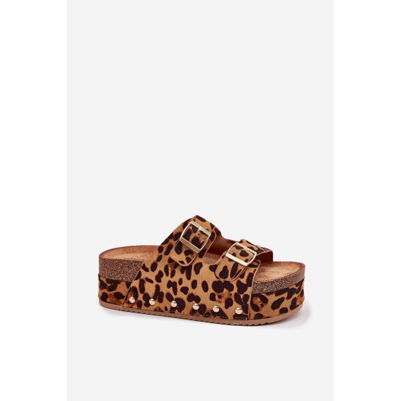 Dámske sandále s prackami na masívnej platforme leopard Odisene - Odtiene hnedej a béžovej
