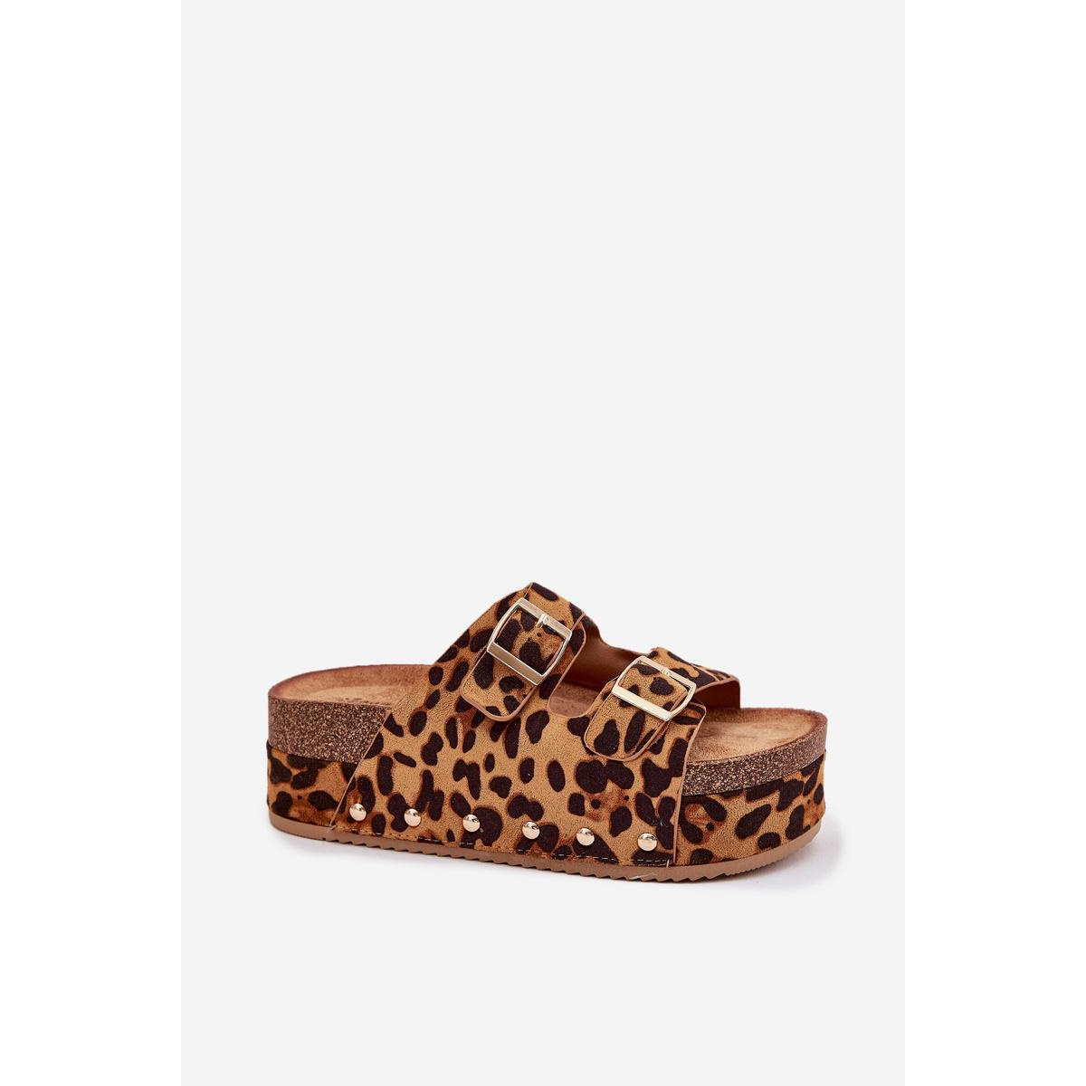 Dámske sandále s prackami na masívnej platforme leopard Odisene - Odtiene hnedej a béžovej