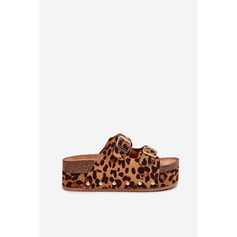 Dámske sandále s prackami na masívnej platforme leopard Odisene - Odtiene hnedej a béžovej