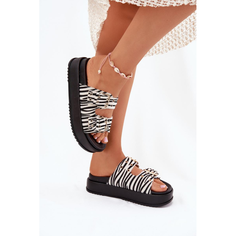 Dámske Sandále So Zlatými Prackami Na Platforme Zebra Virvania - Biela