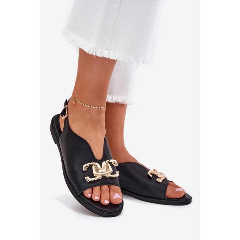 Dámske Sandále Na Plochosť Podpätku So Zlatou Dekoráciou Čierne Amelira - Čierna