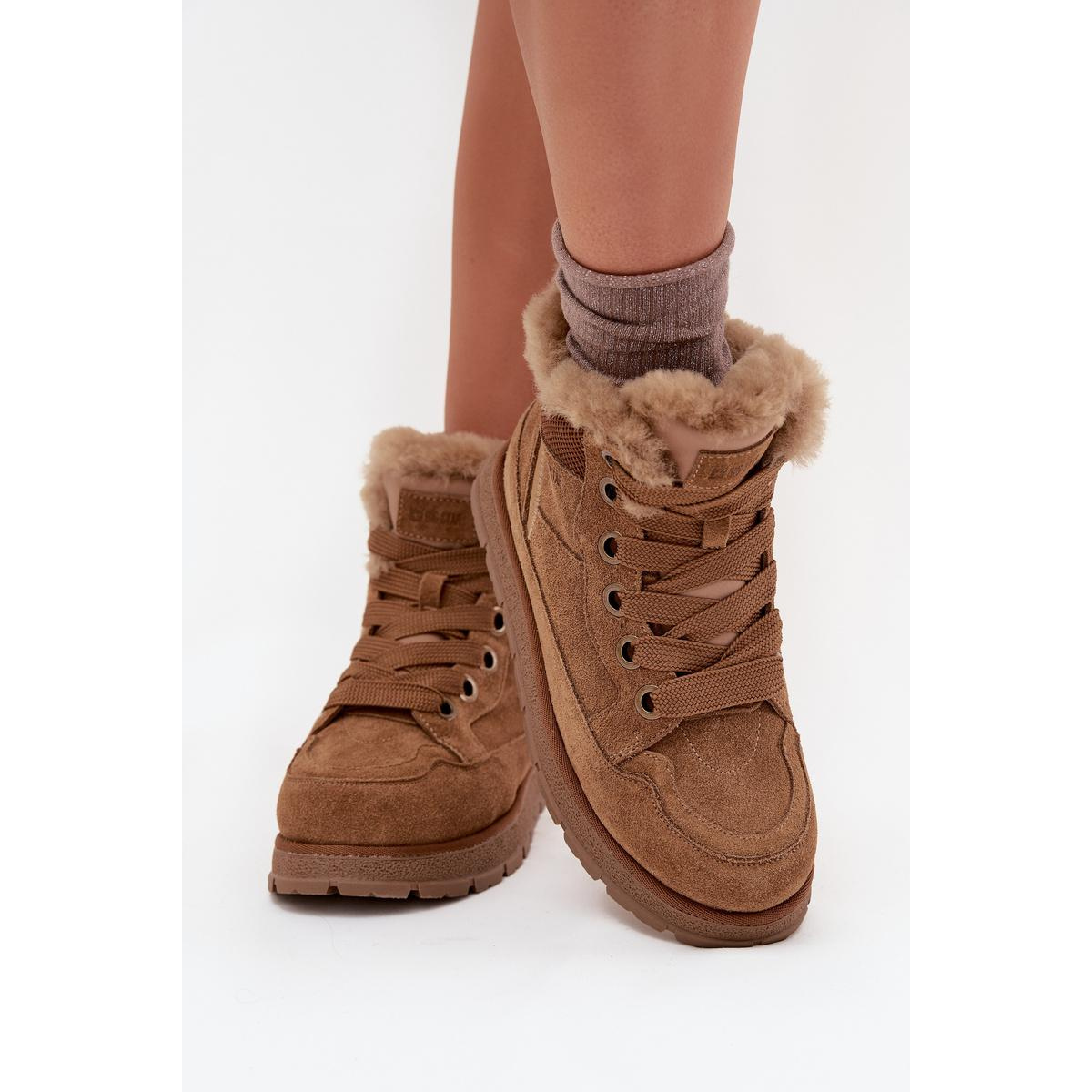 Semišové Snehule Dámske Na Platforme S Kožúškom Big Star SS274370 Camel - Odtiene hnedej a béžovej