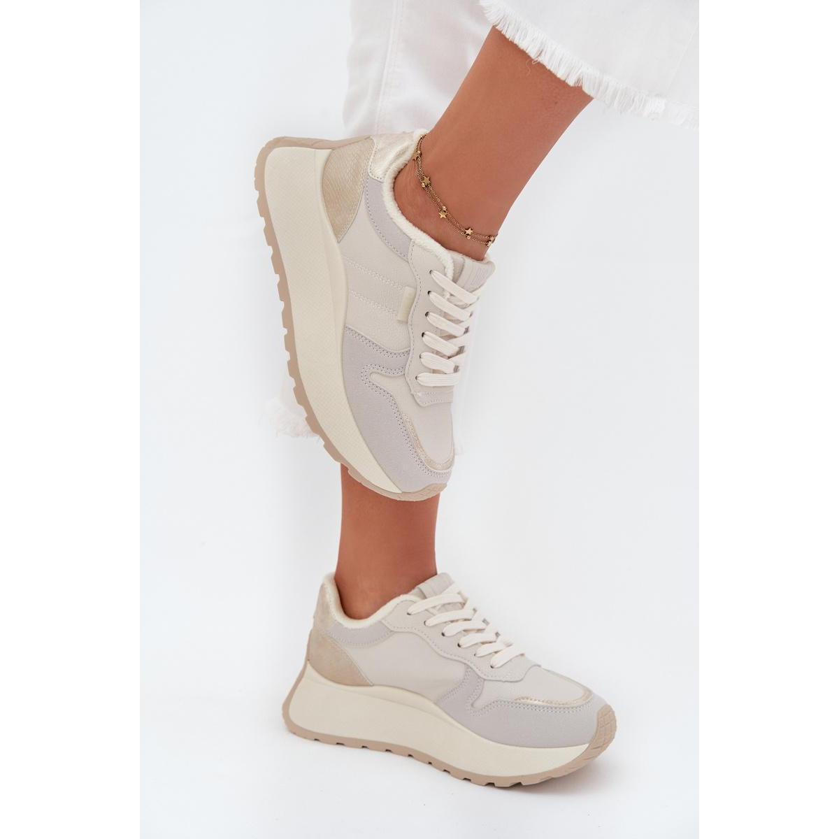 Zateplené dámske sneakersy na platforme Big Star SS274008 HI-POLY SYSTEM svetlo béžové - Biela