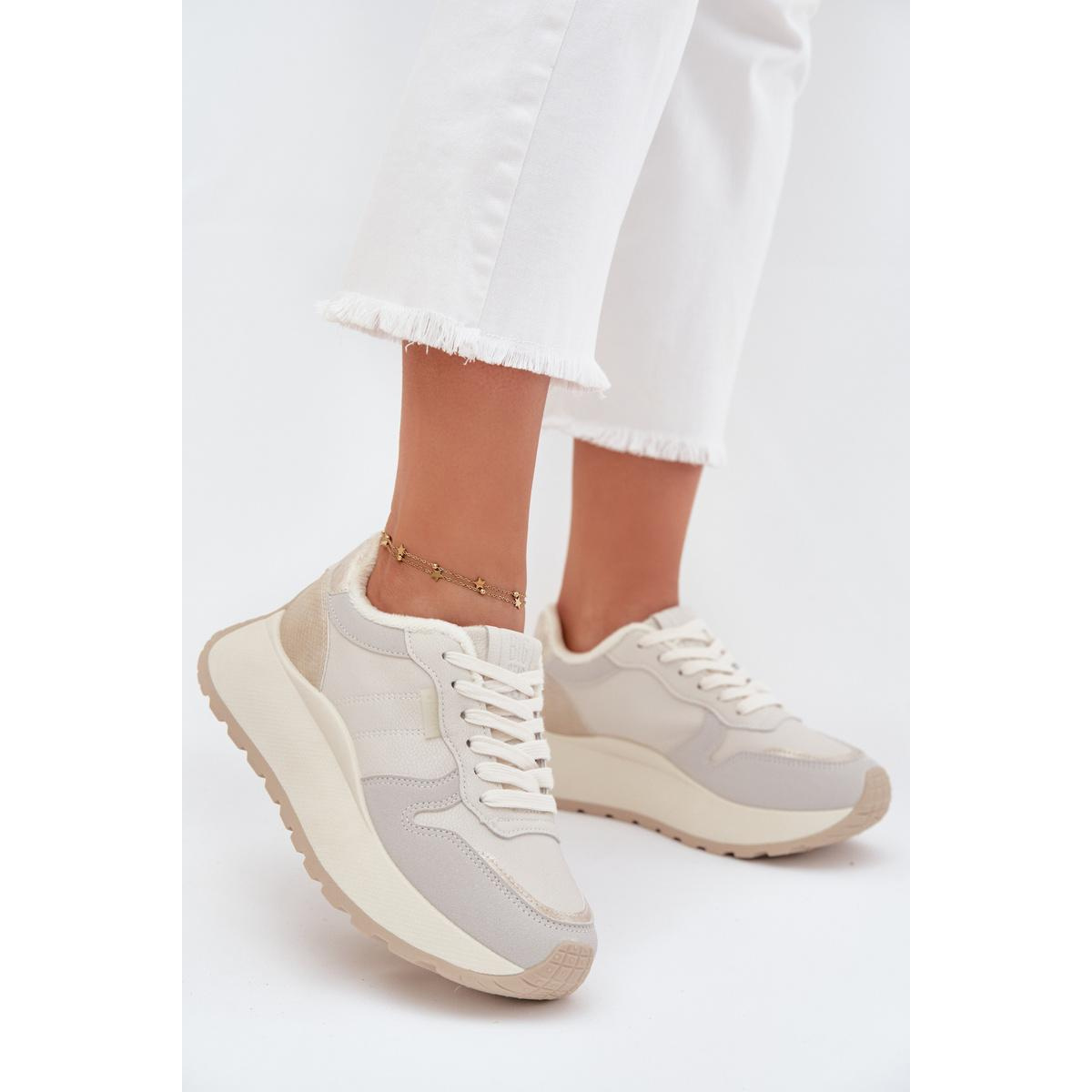 Zateplené dámske sneakersy na platforme Big Star SS274008 HI-POLY SYSTEM svetlo béžové - Biela
