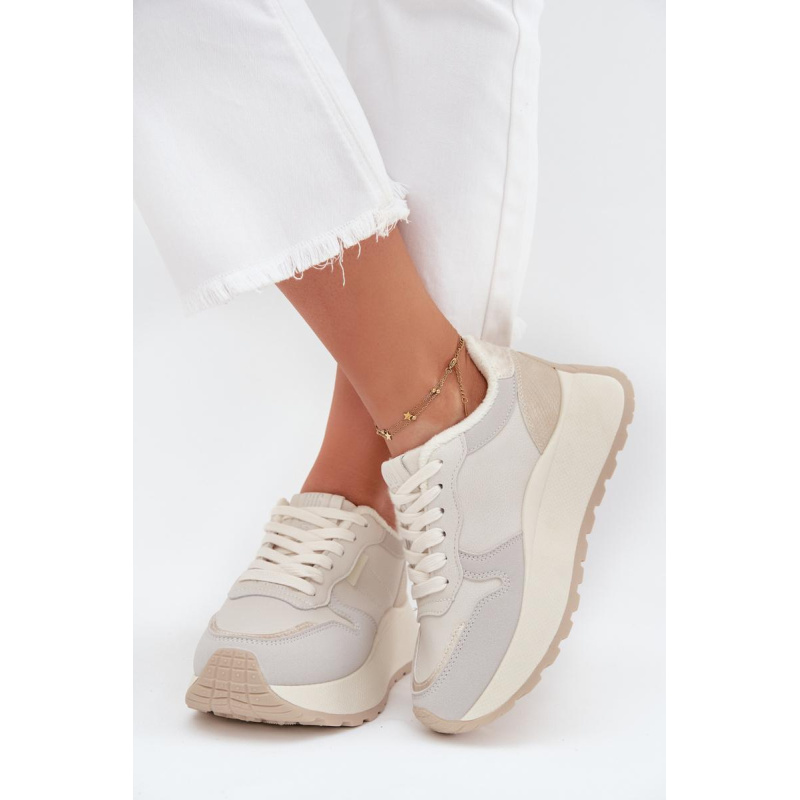 Zateplené dámske sneakersy na platforme Big Star SS274008 HI-POLY SYSTEM svetlo béžové - Biela