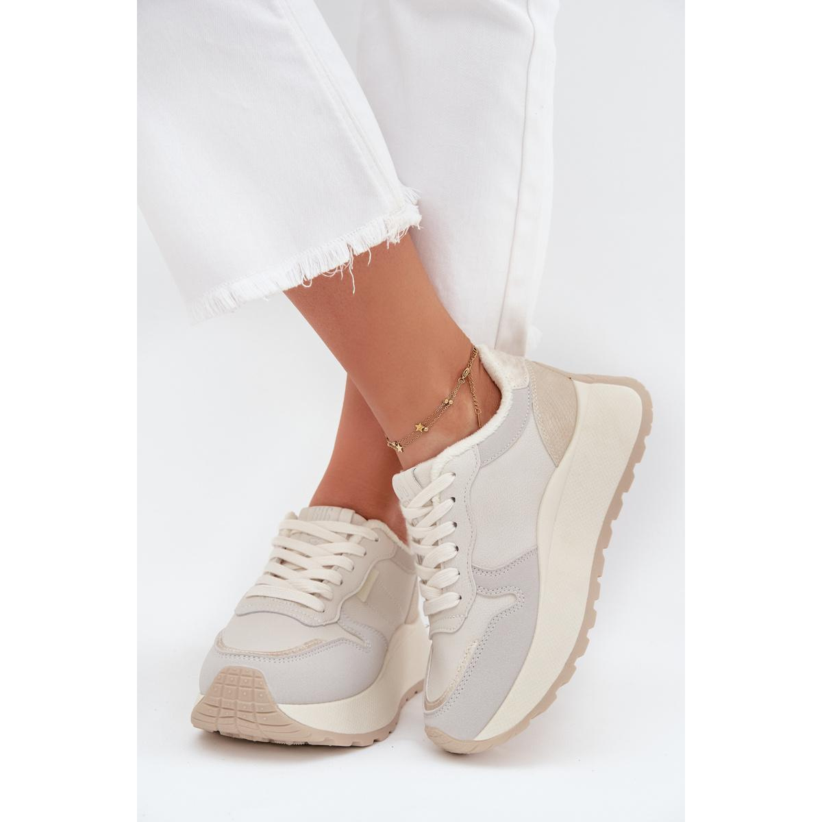 Zateplené dámske sneakersy na platforme Big Star SS274008 HI-POLY SYSTEM svetlo béžové - Biela