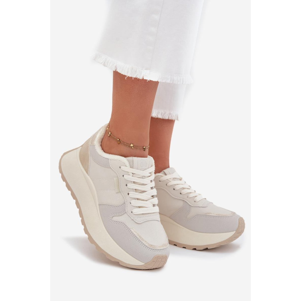 Zateplené dámske sneakersy na platforme Big Star SS274008 HI-POLY SYSTEM svetlo béžové - Biela