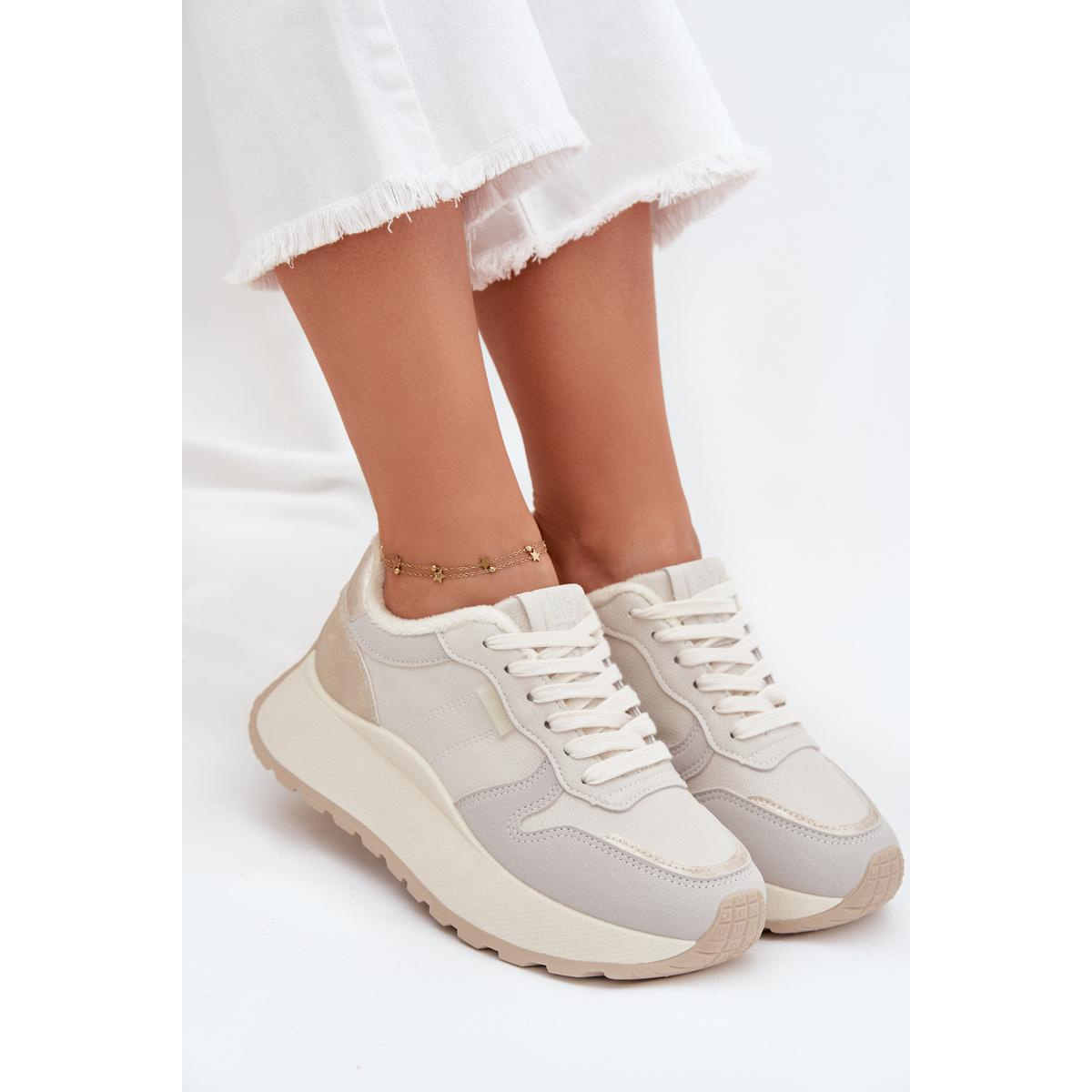Zateplené dámske sneakersy na platforme Big Star SS274008 HI-POLY SYSTEM svetlo béžové - Biela