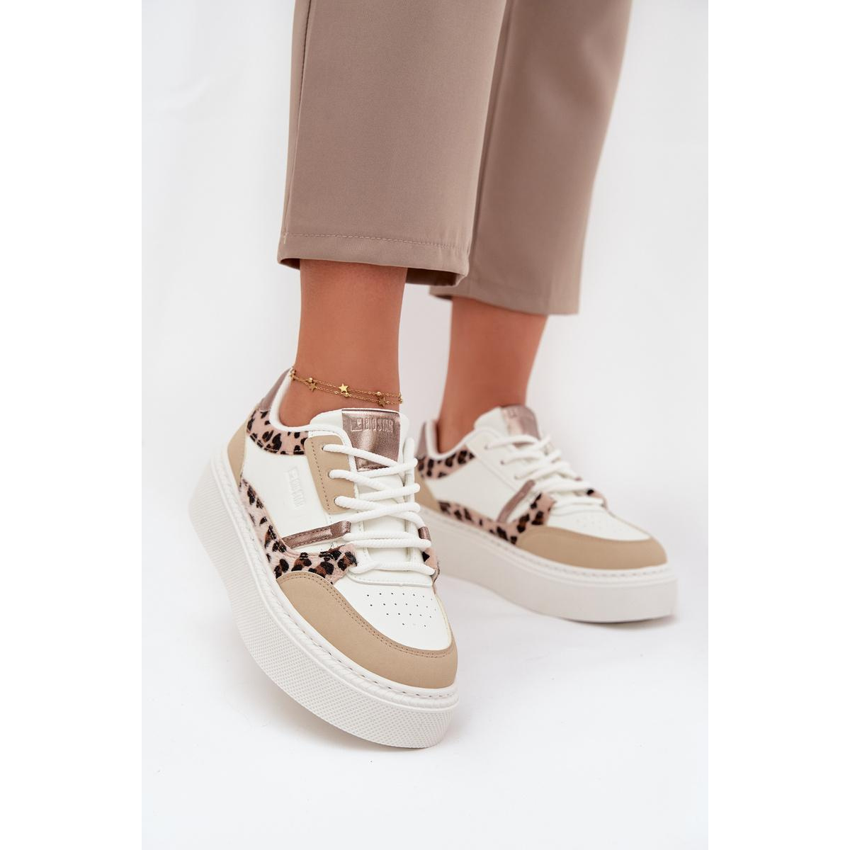 Dámske Tenisky Na Platforme Big Star SS274357 Leopardí Biela-Bežová - Biela || Béžová