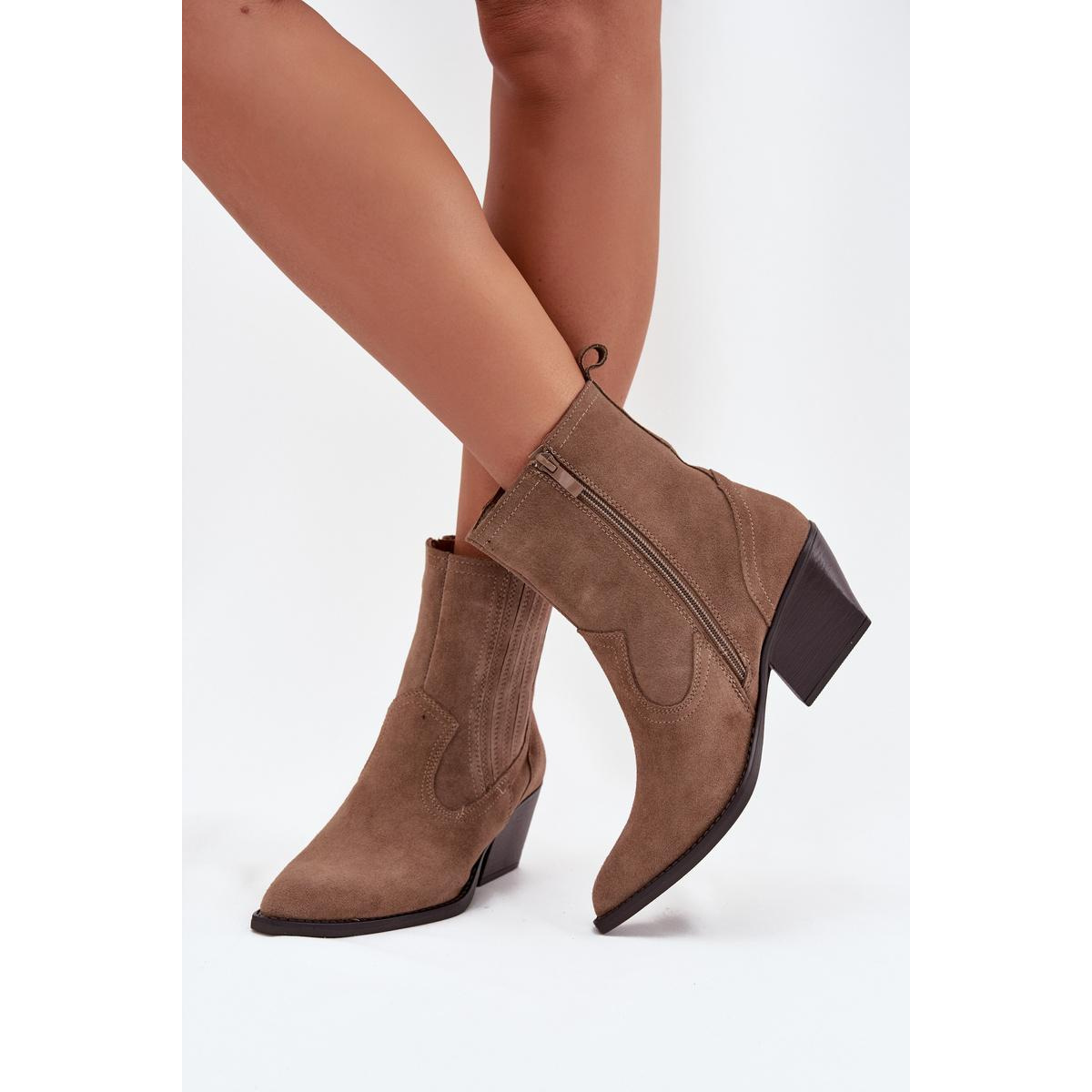 Semišové Cowboy Čižmy Dámske Na Opätku Zateplené Khaki Dylira - Béžová