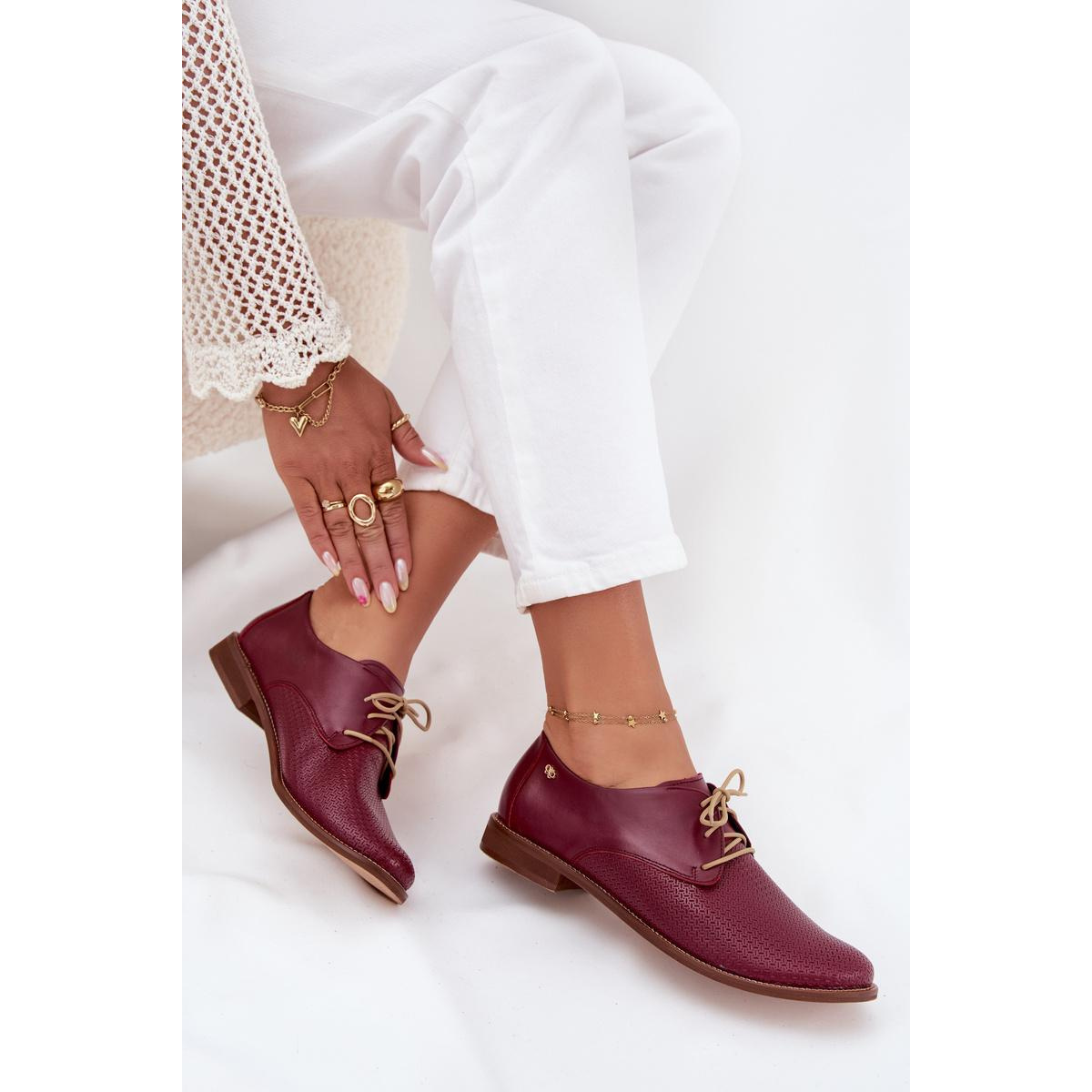 Dámske kožené elegantné šnurovacie poltopánky Zazoo 4238 Bordeaux - Odtiene červenej