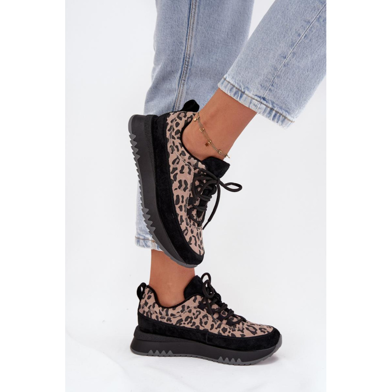Semišové zateplené dámske tenisky na platforme Vinceza 66836 Leopard Potlač Čierne - Čierna