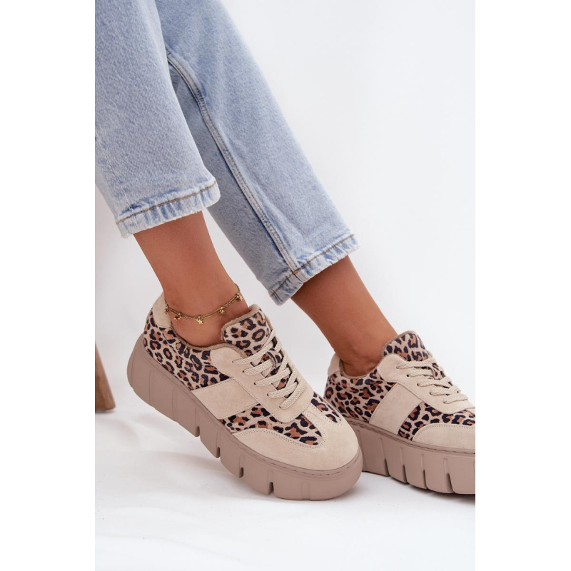 Semišové zateplené dámske tenisky na masívnej platforme Vinceza 66841 Leopard béžové - Béžová