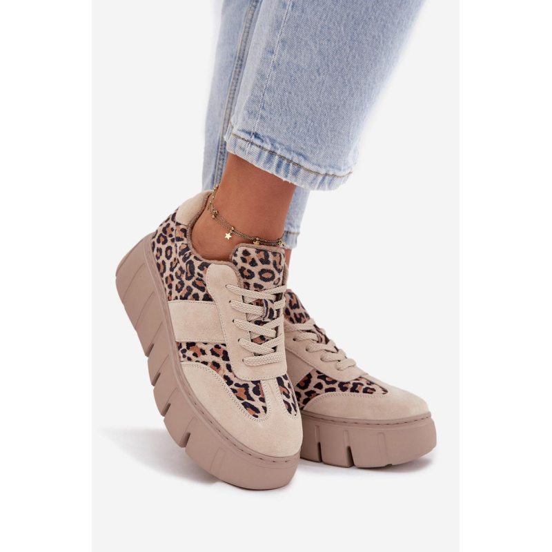 Semišové zateplené dámske tenisky na masívnej platforme Vinceza 66841 Leopard béžové - Béžová