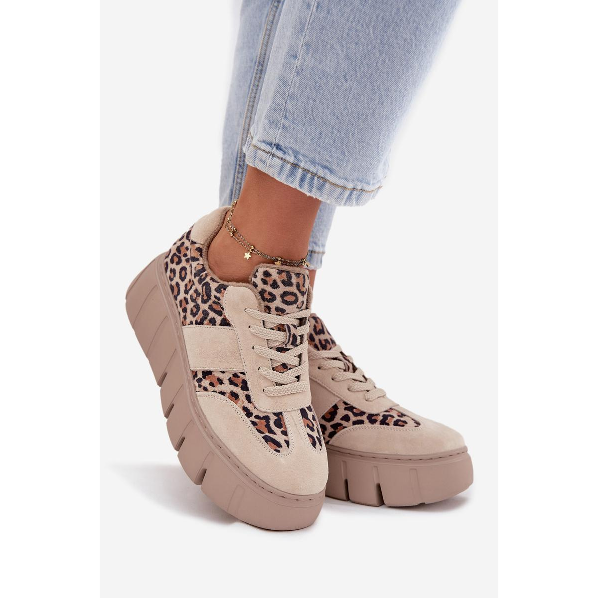 Semišové zateplené dámske tenisky na masívnej platforme Vinceza 66841 Leopard béžové - Béžová
