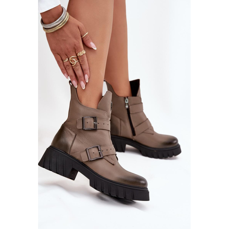 Kožené zateplené dámske členkové topánky s prackami a ozdobným detailom Zazoo 60482 tmavá béžová - Béžová