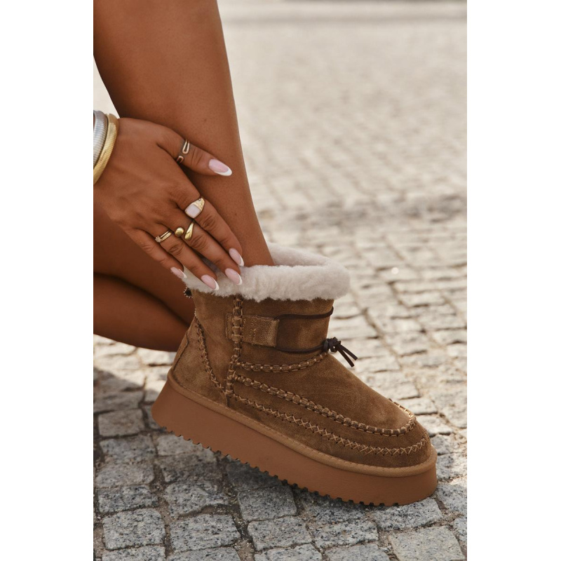 Semišové dámske snehule s ozdobnými švami Big Star SS274373 Camel - Odtiene hnedej a béžovej