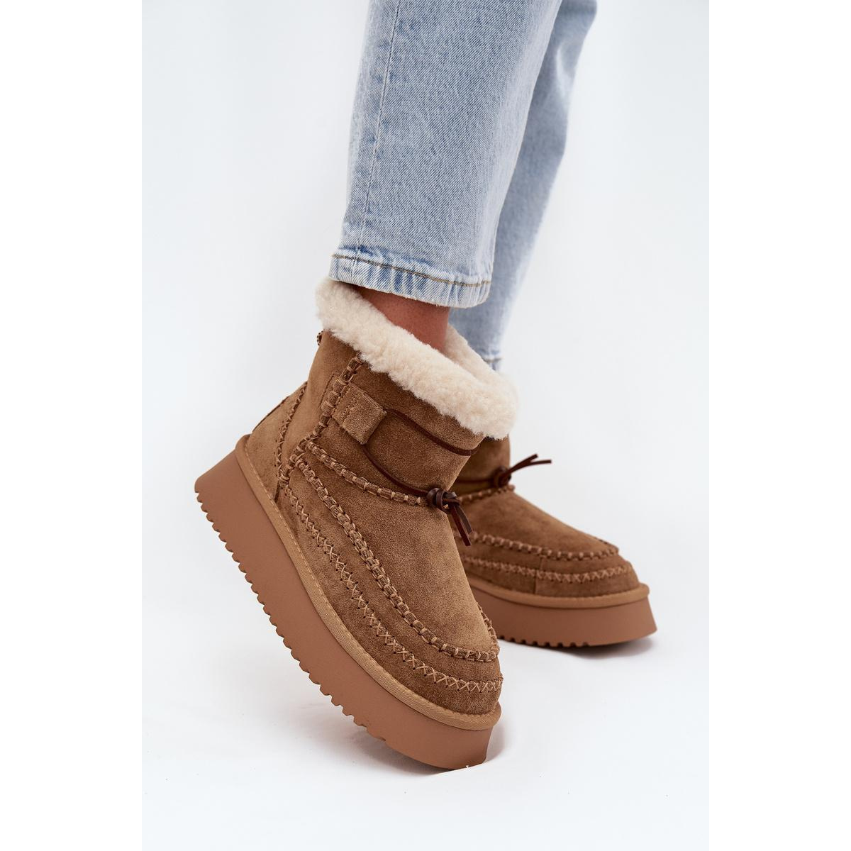 Semišové dámske snehule s ozdobnými švami Big Star SS274373 Camel - Odtiene hnedej a béžovej